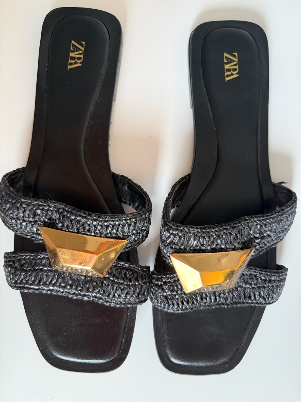 Zara Black Braided Slide Sandals with Gold Geometric Accent